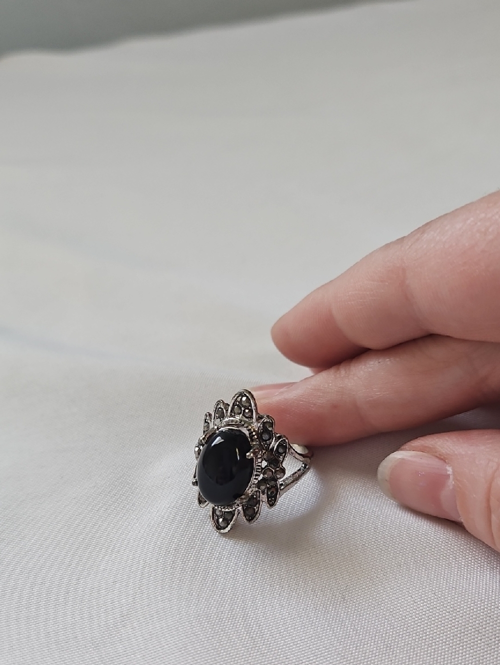 Sterling-Inspired Black Stone Floral Halo Ring